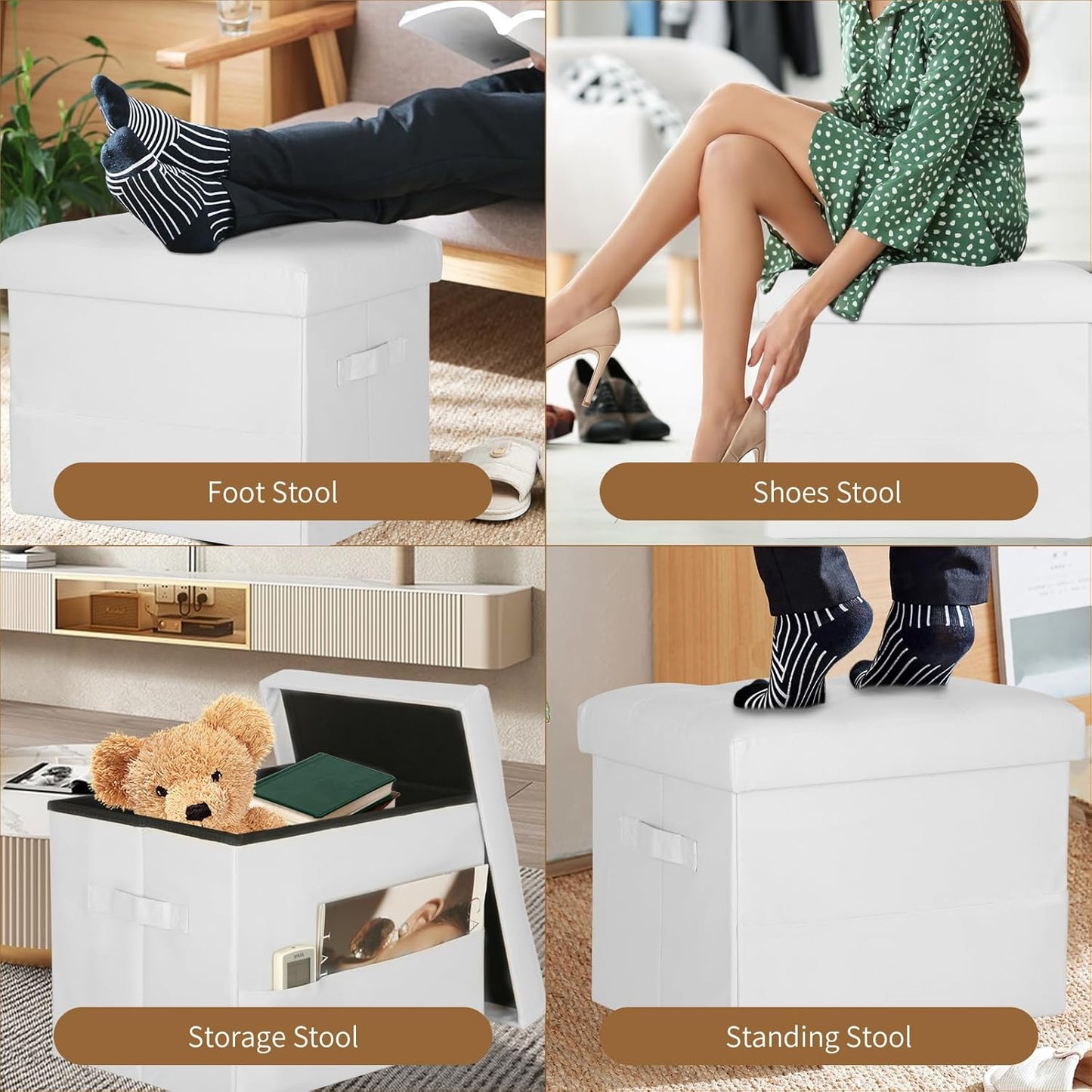 BelugaHelper Storage Ottoman Foot Rest Stool, Foldable Leather Footstool Storage Bench with Thicker Foam Padded Seat. Foot Rest Under Desk for Living Room Bedroom 350 lbs, 17x13x13 in, Brown