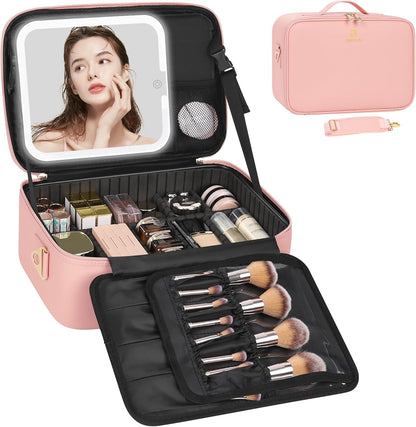 Relavel Travel Makeup Bag With LED Mirror, Cosmetic Train Case with Light up Mirror, Portable Makeup Artist Organizer Bag with Adjustable Dividers, Makeup Brush Holder Storage, Black