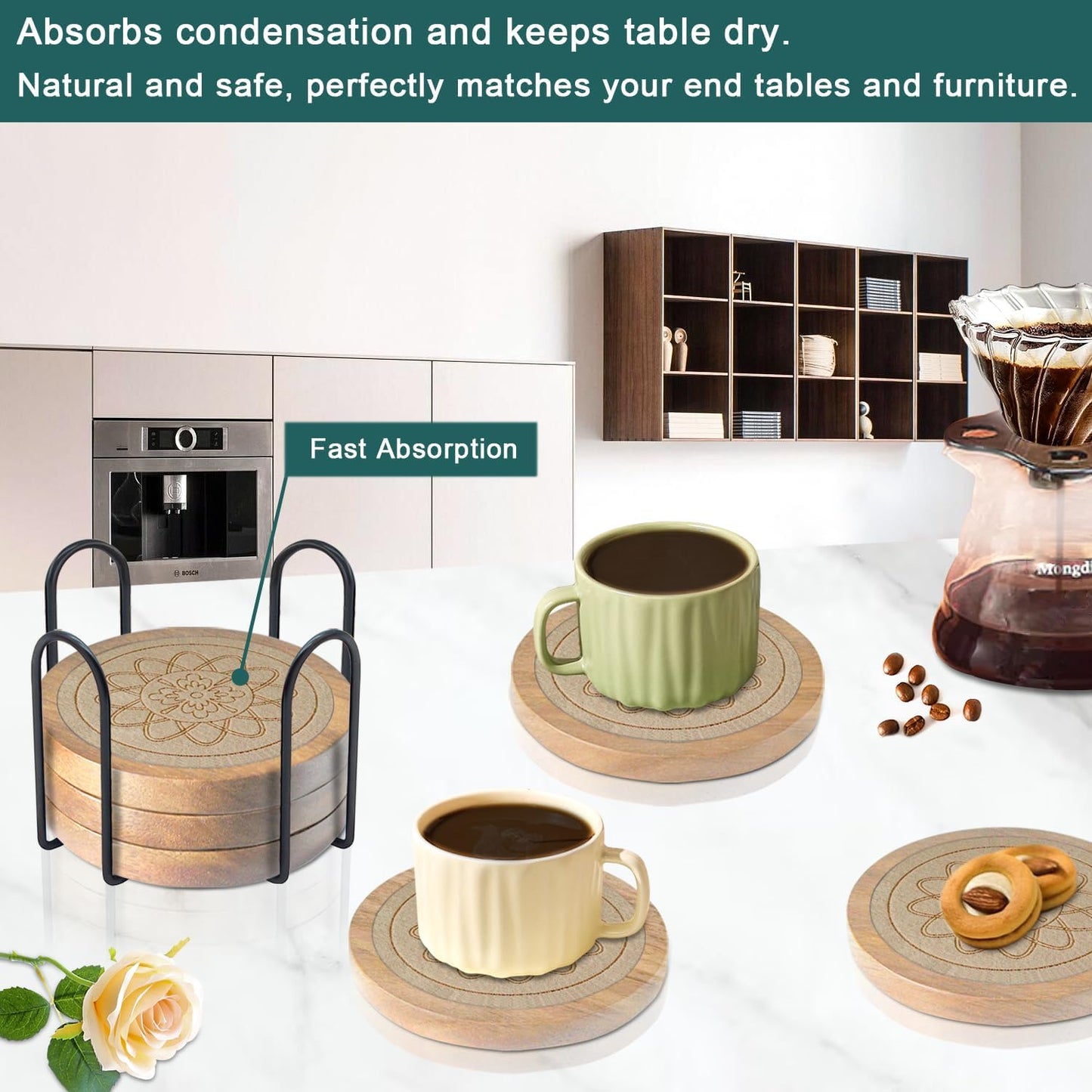 Wood Coasters for Drinks, Minacun Absorbent Coaster Sets of 5, Drinks Coasters for Coffee Tabletop Protection, Non-Slip, Non-Stick, Suitable for Kinds of Cups Wooden Table Drink, 4.3 Inches Black