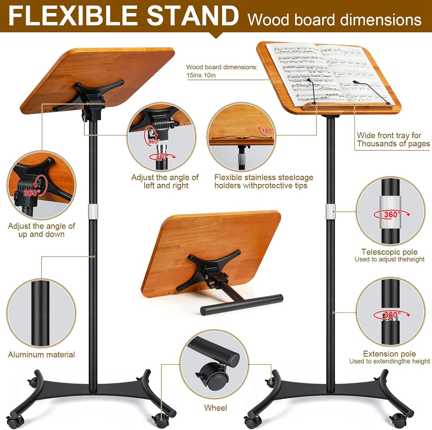 2 in 1 Dual-use Music Stand & Desktop Book Stand, Adjustable Height 16.5"-51", 100% Solid Wood Laptop Floor Stand Book Holder with Page Clips for Cookbooks, Sheet Music (Brown)