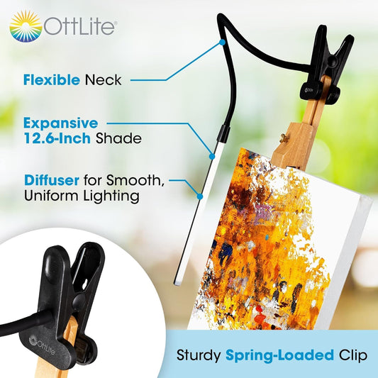 OttLite Clip-On LED Easel Lamp with ClearSun LED Technology - Sturdy Clip Light with On/Off Switch Cord - Adjustable & Flexible Neck for Precise Lighting, Piano, Computer Desks, Shelves & Tables
