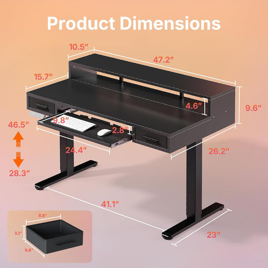 HUANUO 55″ x 26″ Electric Standing Desk with 2 Drawers &24.4″ Large Keyboard Tray, C-Clamp Mount Compatible, Adjustable Computer Desk for Office, Sit Stand Up Desk with 4 Height Presets, Light Walnut