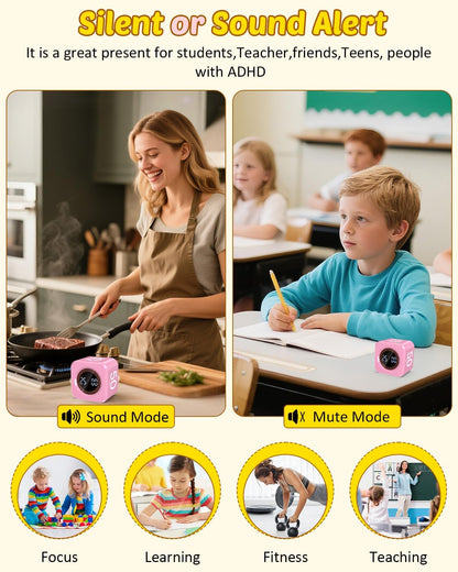 Digital Pomodoro Timer Cube 5/10/25/50min, Visual Productivity Flip Timer for Kids Classroom Desk, Custom Countdown, Silent and Sound Mode for ADHD Study Work Game Kitchen (Pink)