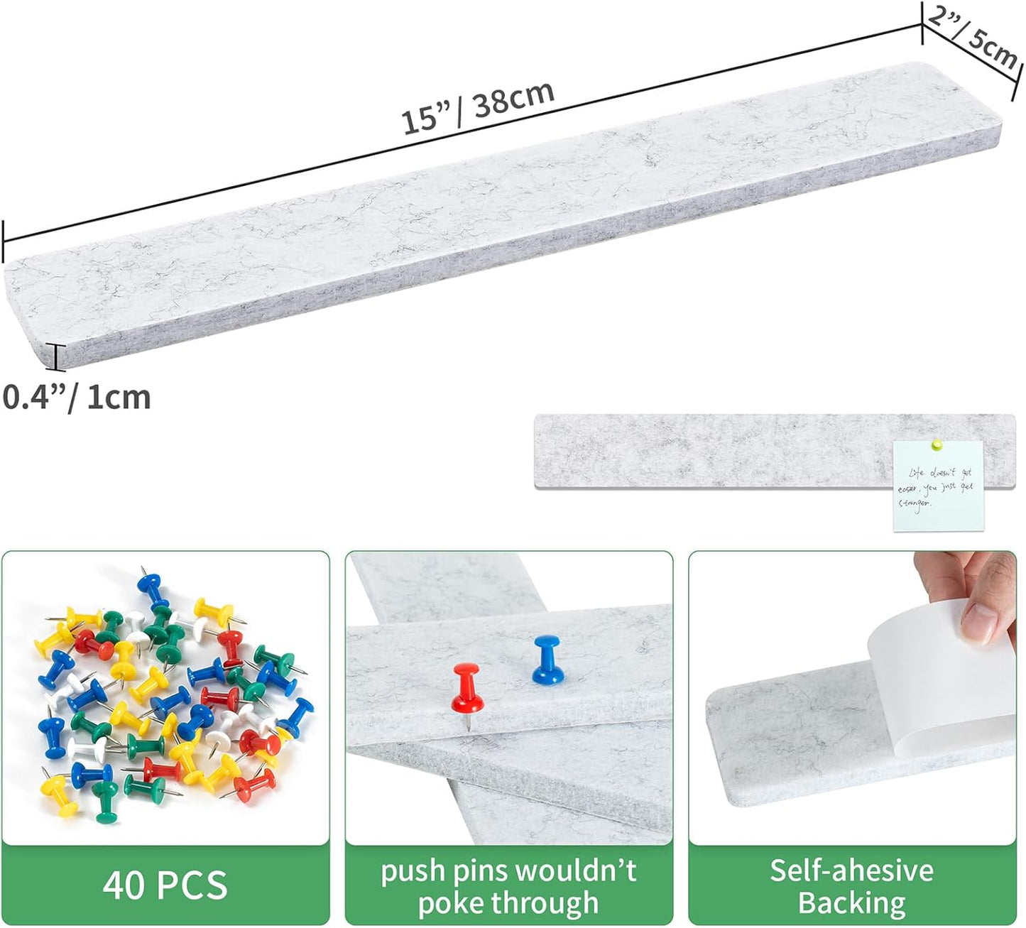 Cork Board for Walls - 8 Pack Felt Pin Board Bar Strips - Self-Adhesive Lightweight Bulletin Board - Cork Board for Office with 40 Push Pins No Damage for Wall