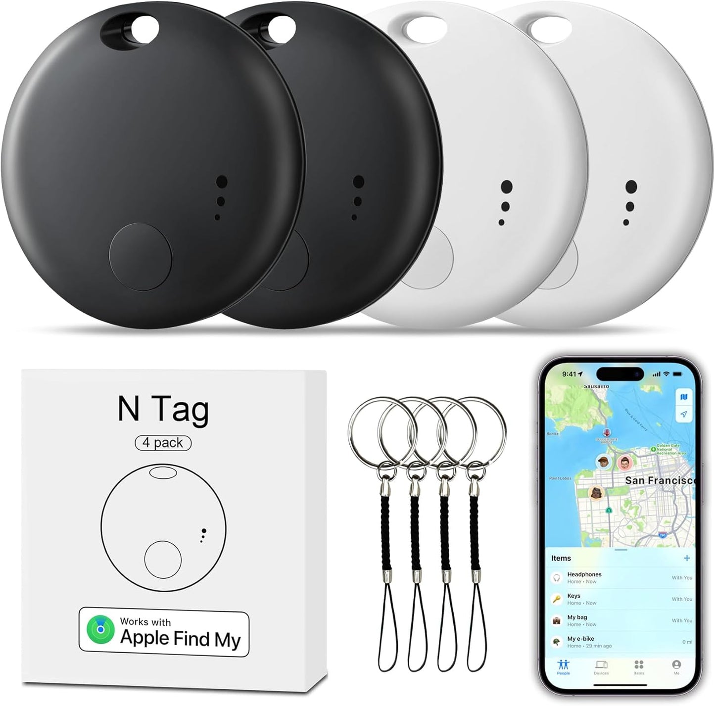 Tracker Tag 4 Packs Bluetooth Tracker, Smart Tag Locator Tracking Device, Keys Finder and Item Locator,Air Tracker Item Finders with Find My(iOS Only) Track Your Keys (Black, 4 Pack)