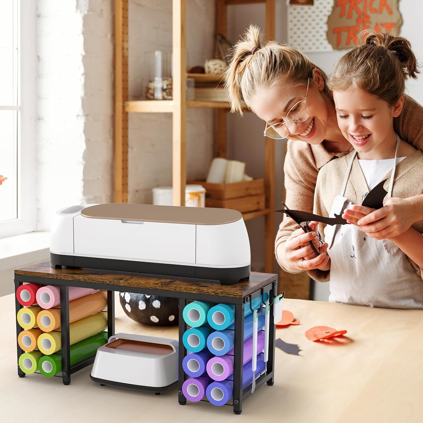 ikkle Craft Organizers and Storage Compatible with Cricut Machines Craft Table Storage with Vinyl Roll Holders, Craft Storage Organizer, Crafting Table Organization Workstation for Craft Room