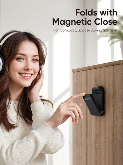 MAMUVIMO Headphone Stand, Headset Stand Foldable ＆ Sticky, Headphone Holder Hook Mount with Non-Slip Silicone, Adhesive Earphone Desk Hanger Clip Space-Saving for Airpods Max, All Earphones- Pink