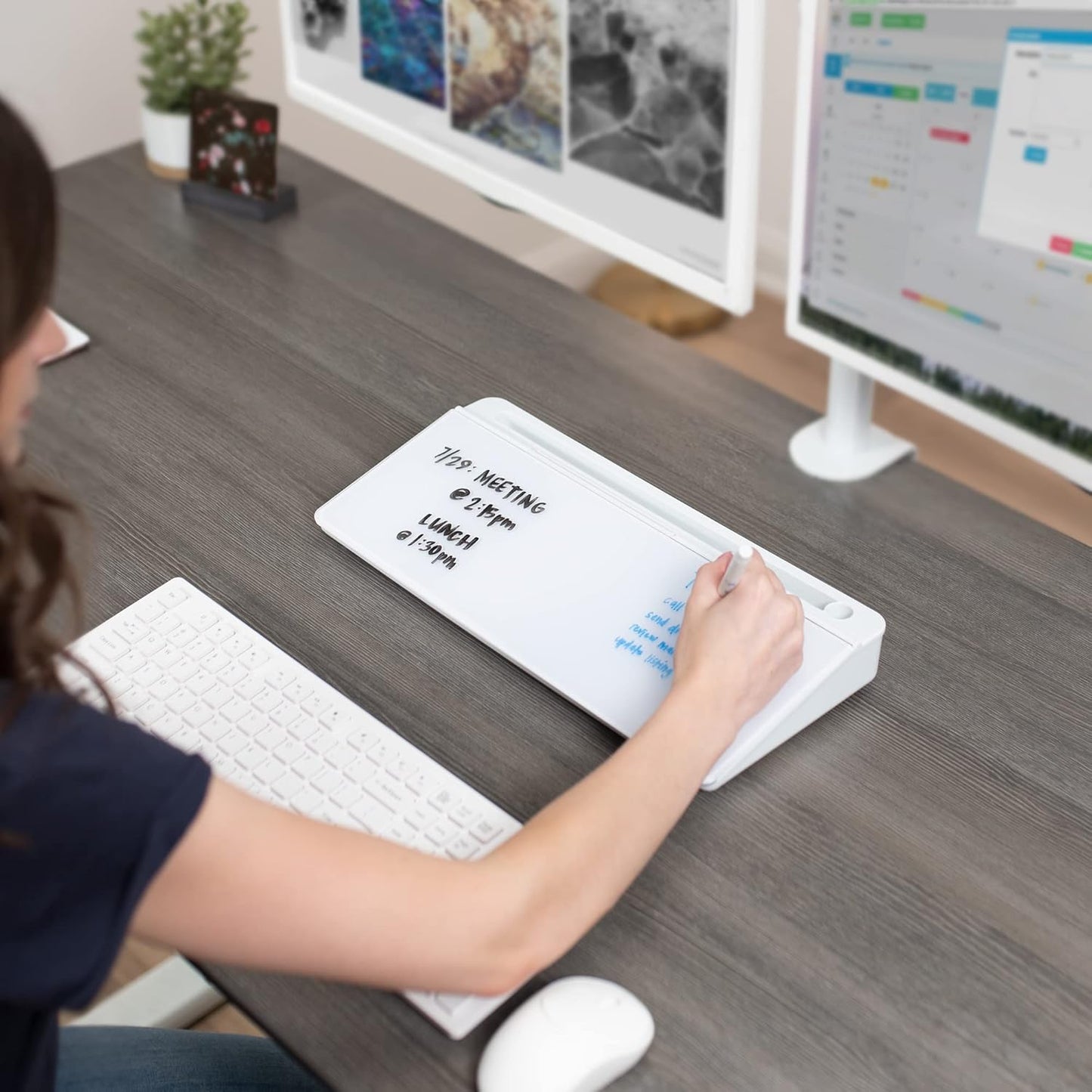 Vivo Glass 16 x 7 inch Dry Erase Board with Storage, Desktop Whiteboard Organizer with Hidden Compartments and Device Slot, Black, DESK-WB16B
