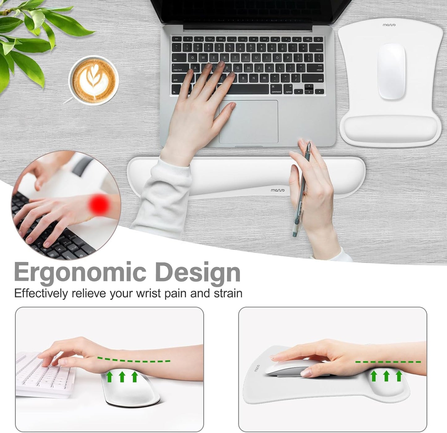 MOSISO Wrist Rest Support for Mouse Pad & Keyboard Set, Ergonomic Mousepad Non-Slip Base Home/Office Pain Relief & Easy Typing Cushion with Neoprene Cloth & Raised Memory Foam, Black