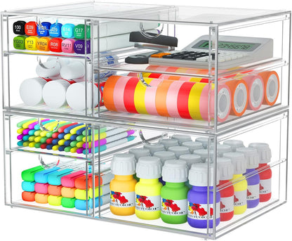 caktraie Makeup Organizer Storage With 16 Drawers, 4 Pcs Desktop Office Supplies, Desk Organizers, Clear Accessories, Dustproof Storage Drawer and for Make Up, Jewelry, Pen, Stationary