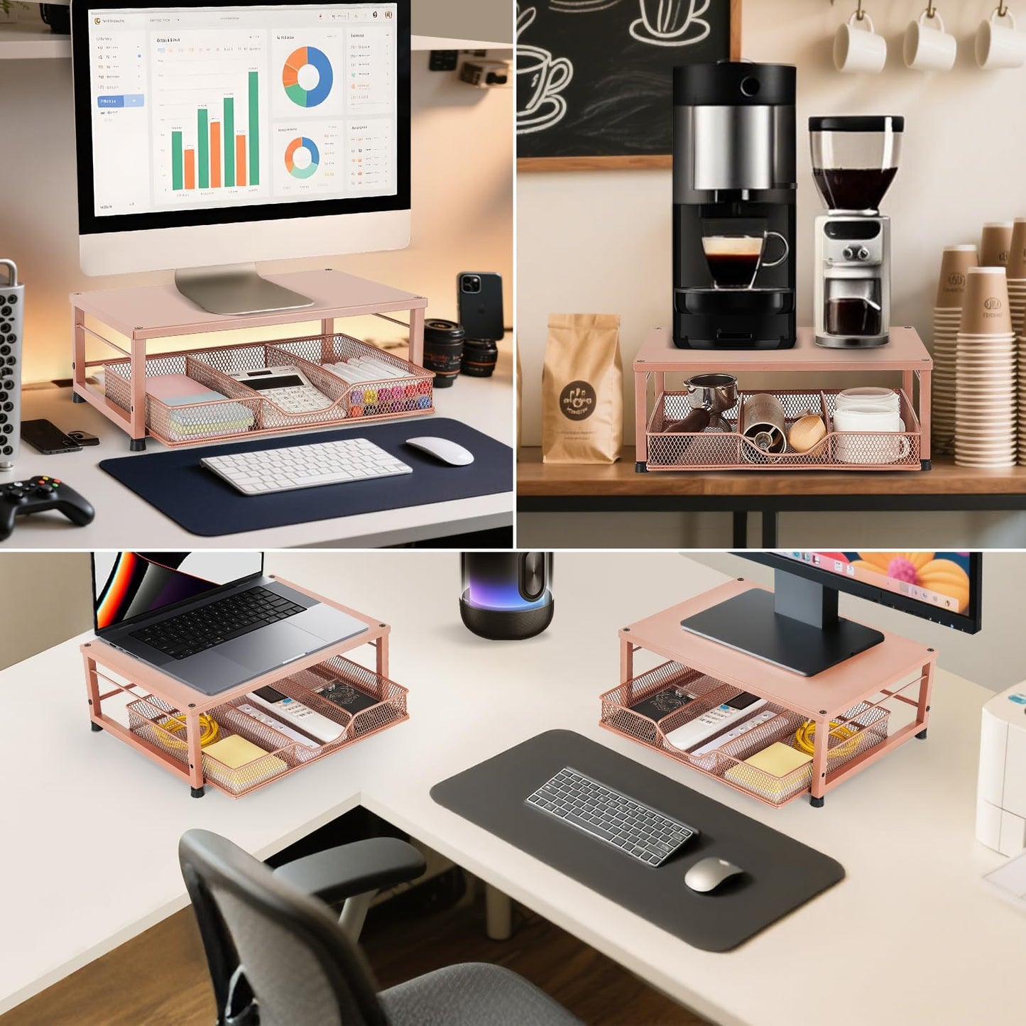 Wood Metal Monitor Stand Riser, Laptop Stand for Desk, Office Desk Organizer and Accessories, Computer Desktop Shelf with Drawer and Pen Holder, Printer Stand for Home, Office, Dorm (Natural Wood)