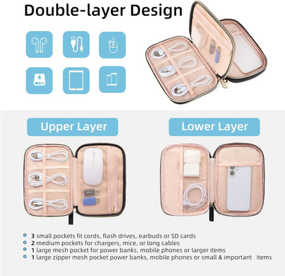 Electronics Organizer Travel Case, Charger Bag Cord Organizer Travel, Compact Tech Pouch Cable Organizer Bag for Charger, Cords, Phone, Headphones, Flash Drive, SD Card (Pink, Small-Double Layer)