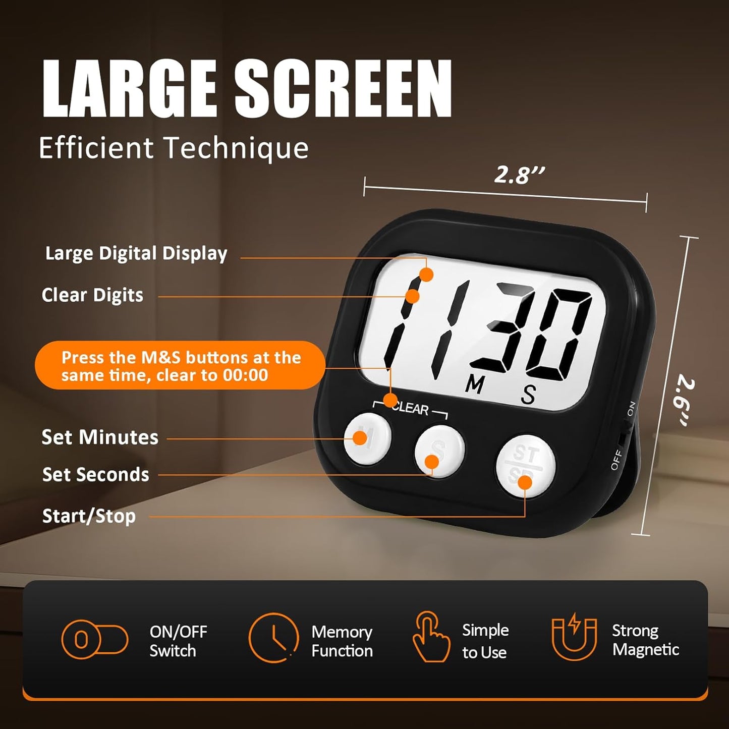 2 Pack Digital Kitchen Timer for Cooking Big Digits Loud Alarm Magnetic Backing Stand Cooking Timers for Baking White