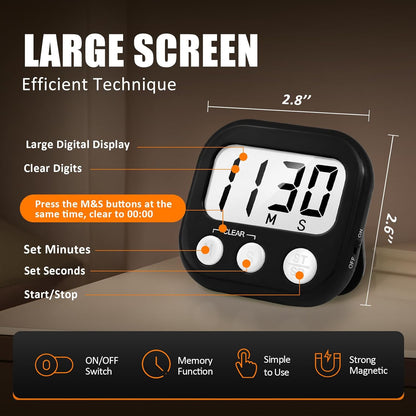 2 Pack Digital Kitchen Timer for Cooking Big Digits Loud Alarm Magnetic Backing Stand Cooking Timers for Baking White