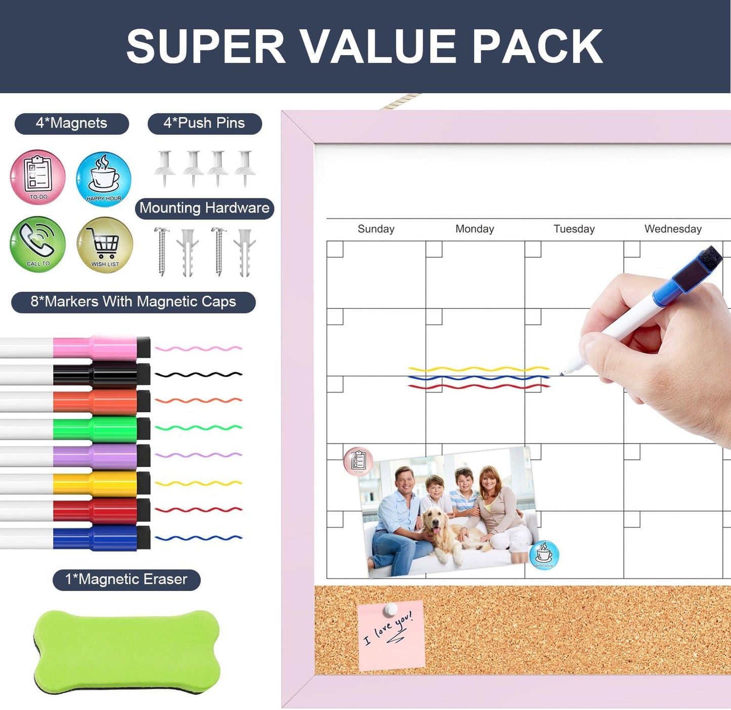 Calendar Whiteboard for Wall, TANKEE 17x13 Inches Whiteboard Calendar Cork Board Combo, Small Magnetic White Board with Wood Framed, Hanging Dry Erase Board for Kitchen Home Office School Planner