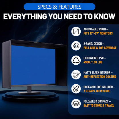 Adjustable Monitor Hood Sunshade, 17–27 Inch, Black PVC Screen Protector, Anti-Glare Shade, Expandable Light Blocker for Multiple Monitor Sizes, No-Tool Setup, Reduces Eye Strain
