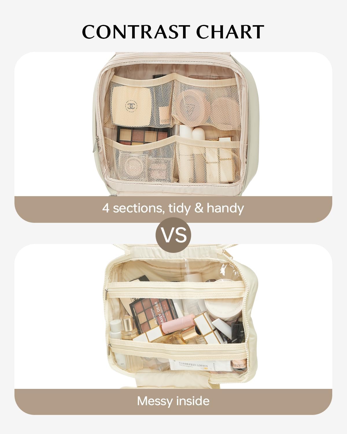 EACHY Toiletry Bag with Hanging Hook, Travel Makeup Bag PU Leather Cosmetic Bags for Women Make Up Organizer with 4 Compartments Waterproof Full-Size Portable Travel Essentials (Beige)