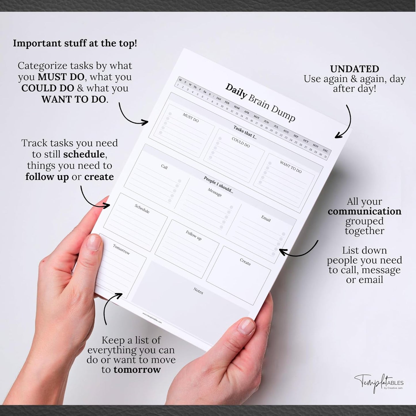 Templatables Brain Dump Notepad, To Do List Desk Pad, Productivity Planner, ADHD Daily Planner | 50 Undated Tear Away Sheets A4 (Colorful)