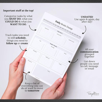 Templatables Brain Dump Notepad, To Do List Desk Pad, Productivity Planner, ADHD Daily Planner | 50 Undated Tear Away Sheets A4 (Colorful)