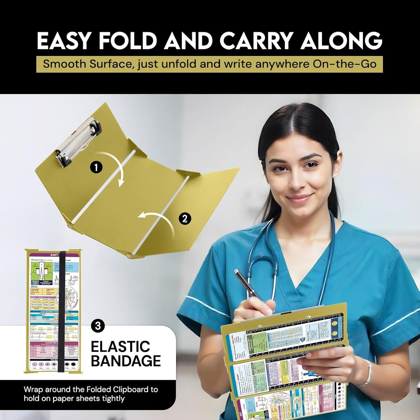 Nursing Clipboard Foldable with Medical Edition Cheat Sheets, 3 Layers Aluminum Foldable Clipboard for Nursing, Notepad for Students, Nursing School Essentials (Black)