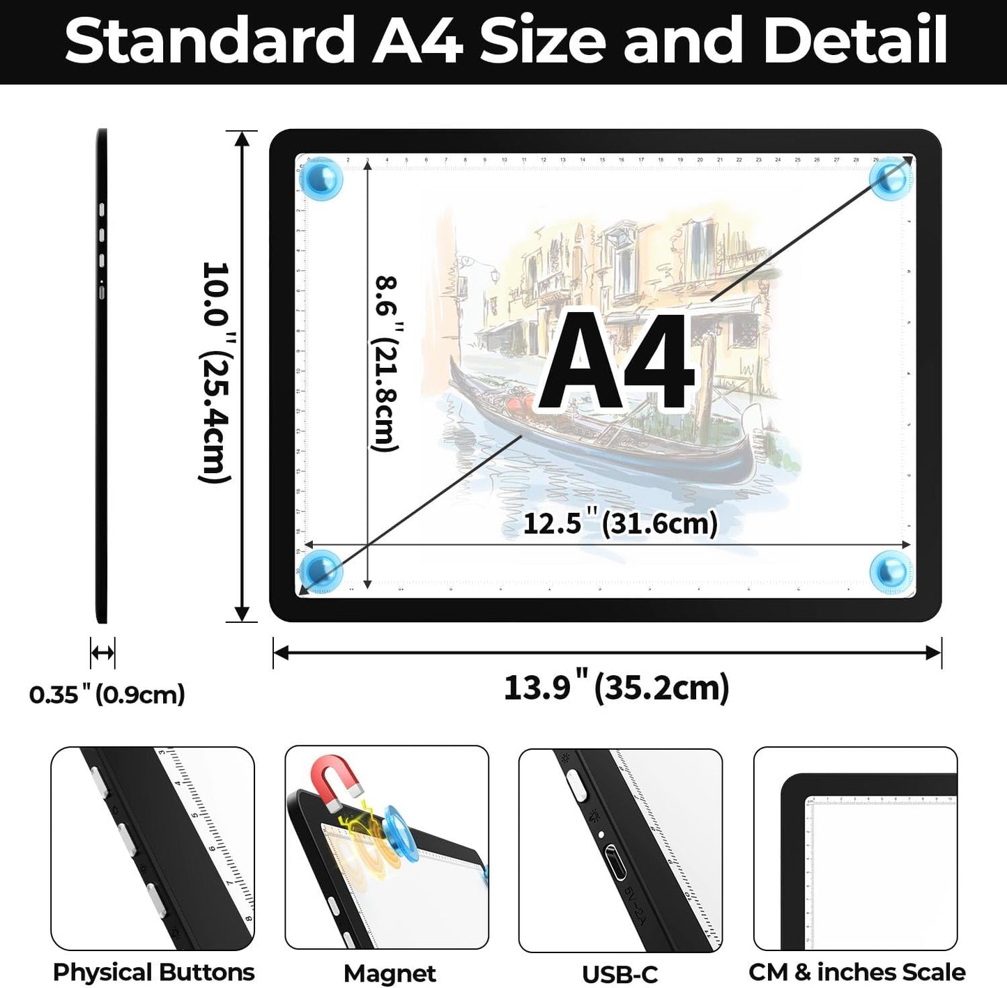 Heanolier A4 LED Copy Board Light Tracing Box,Super Bright Magnetic Light pad with Side physical Buttons,Adjustable Corded Light Table for Tattoo Transferring,Drawing, Light Board for Diamond Painting