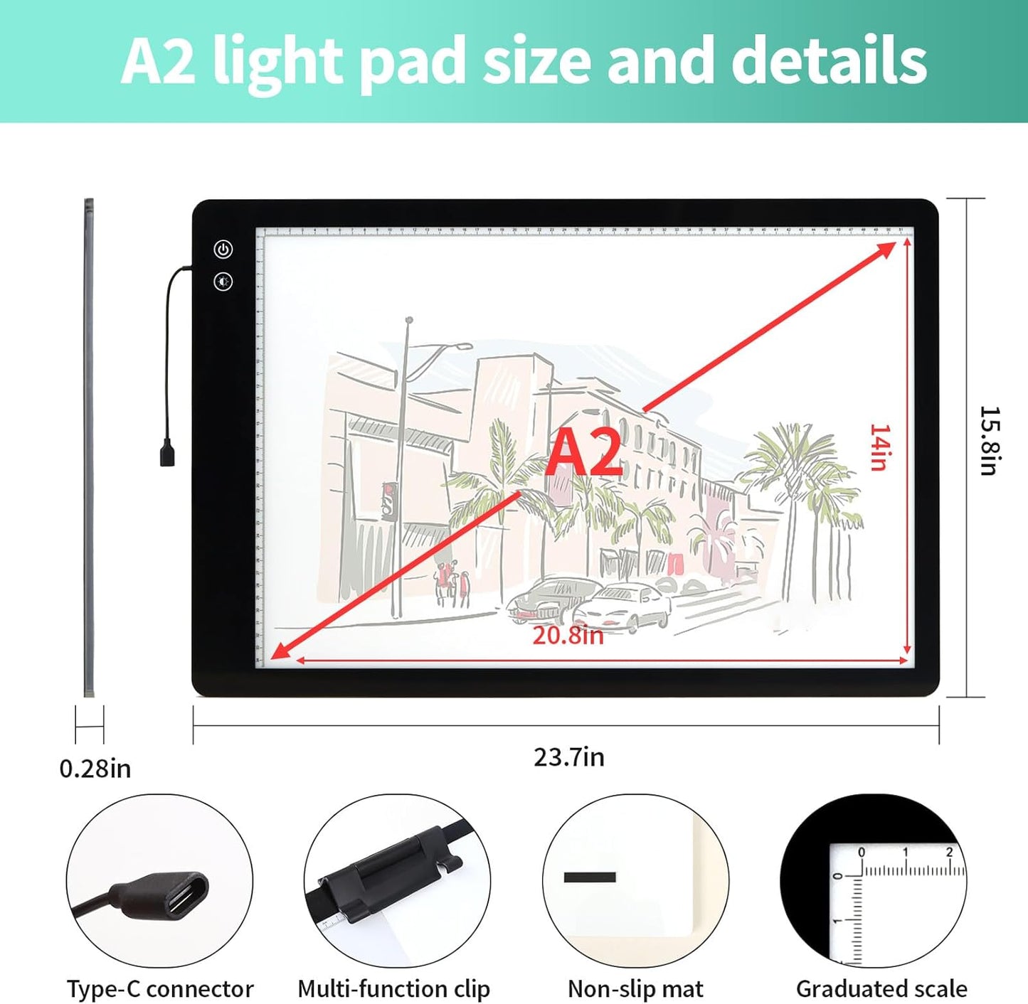 Rechargeable A4 Light Pad - Stepless Dimmable 6 Levels Brightness Tracing Light Box, Diamond Painting Light Board with Top Clip, Battery Powered Portable Light Pad for Weeding Vinyl Tracing