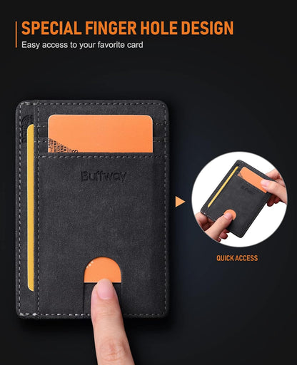 Buffway Slim Minimalist Front Pocket RFID Blocking Leather Wallets for Men and Women - Carbon Fiber Black - Colors B