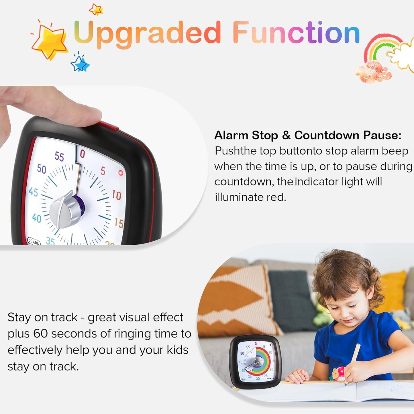 Secura 60-Minute Visual Timer, Silent Study Timer for Kids and Adults, Time Clocks, Time Management Countdown Timer for Teaching (Black & Cloud)