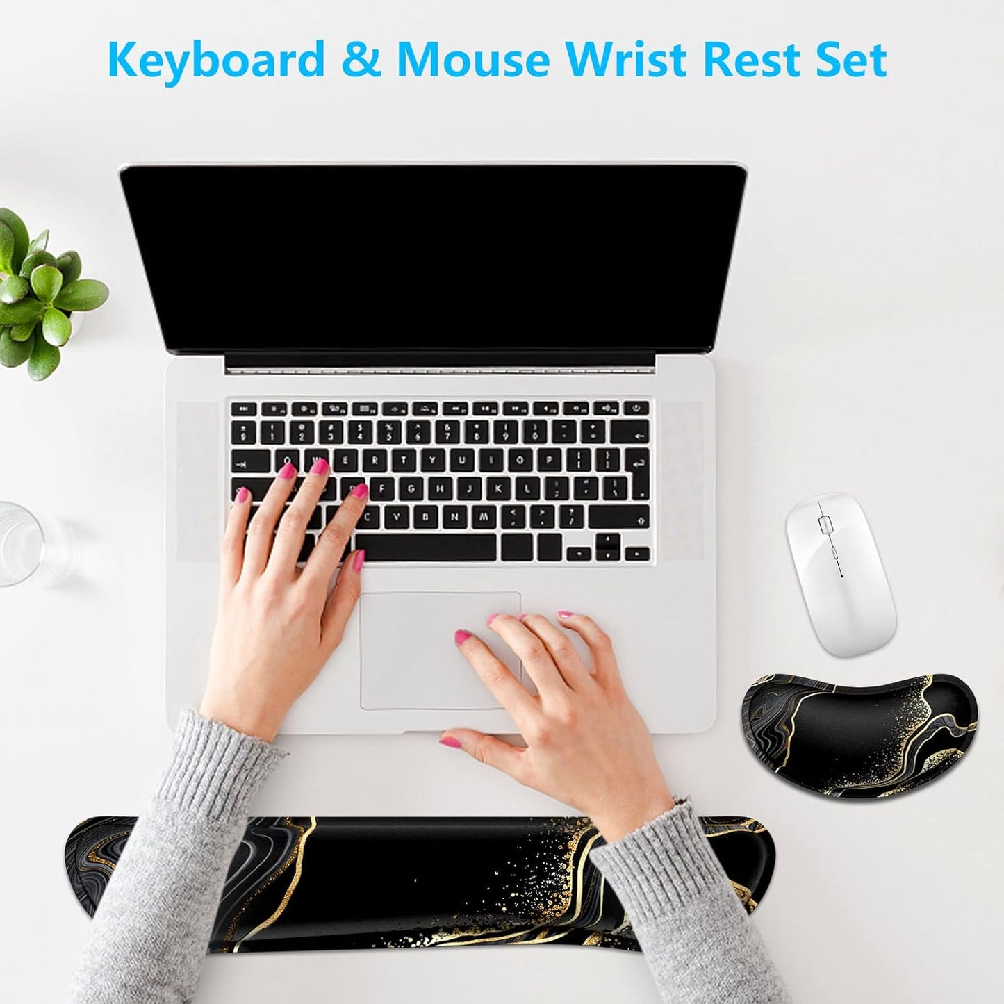 Dapesuom Enlarge Keyboard Wrist Rest, Memory Foam Wrist Cushion for Desk Mat Support, Cute Pain Relief Keyboard Mouse Pad Rests Set with Non-Slip Base for Gaming Laptop Office Computer, Elegant Flower