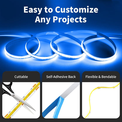 32.8FT/10M Blue COB LED Strip Light, 3200LEDS LED Tape Lights, High Bright CRI93+ Flexible Dimmable Light Strip for Bedroom TV Backlight Monitor Gaming Room Bar Decor(with Plug)
