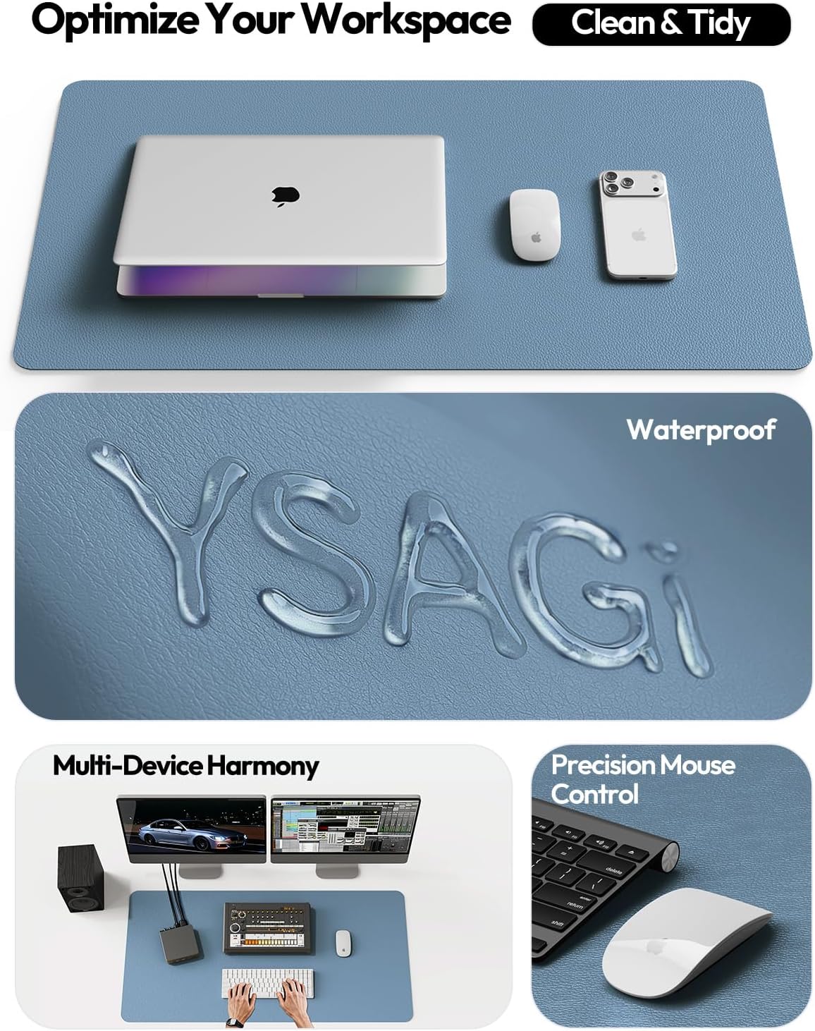 YSAGi Leather Desk Protector, Office Mat, Large Mouse Mat, Non-Slip PU Leather Blotter, Laptop Desk Mat, Waterproof Writing Pad for Office and Home (Black, 31.5" x 15.8") - Colors A
