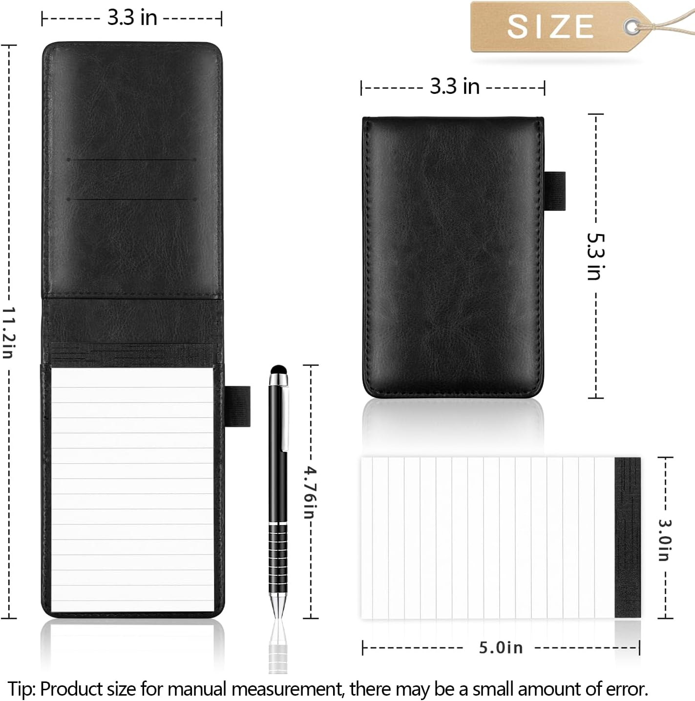7 Pieces Small Notepads Holder Set, Pocket Notebook with pen, Included 5 Pieces Refills 3 x 5 Inch, 30 Lined Paper Per Note Pad (Black)