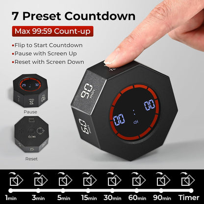 Small Rechargeable Pomodoro Timer, Gravity Sensor Auto-Rotating 7 Preset Times (1/3/5/15/30/60/90 min) & Count Up Mode, Digital Kitchen Timers for Cooking, Work and Study (Pearl White)