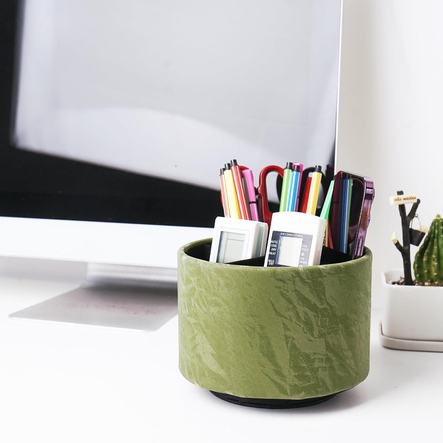 Round Leather Art Supply Organizer,Remote Control Holder,360 Degree Rotating,Multi-Functional Pencil Holder,4 Compartments Desktop Stationary Organizer(1-Fractal Flower) | Round - Colors C