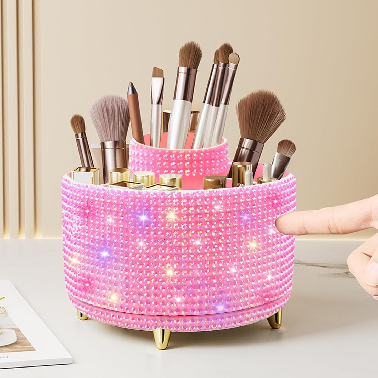 Diesisa Makeup Brush Holder Organizer,360° Rotating Makeup Brush Organizer,5 Slot Make up Brushes Cup for Cosmetics, Nail Polish, Art Supply, Bathroom Vanity Desktop Organizer - White