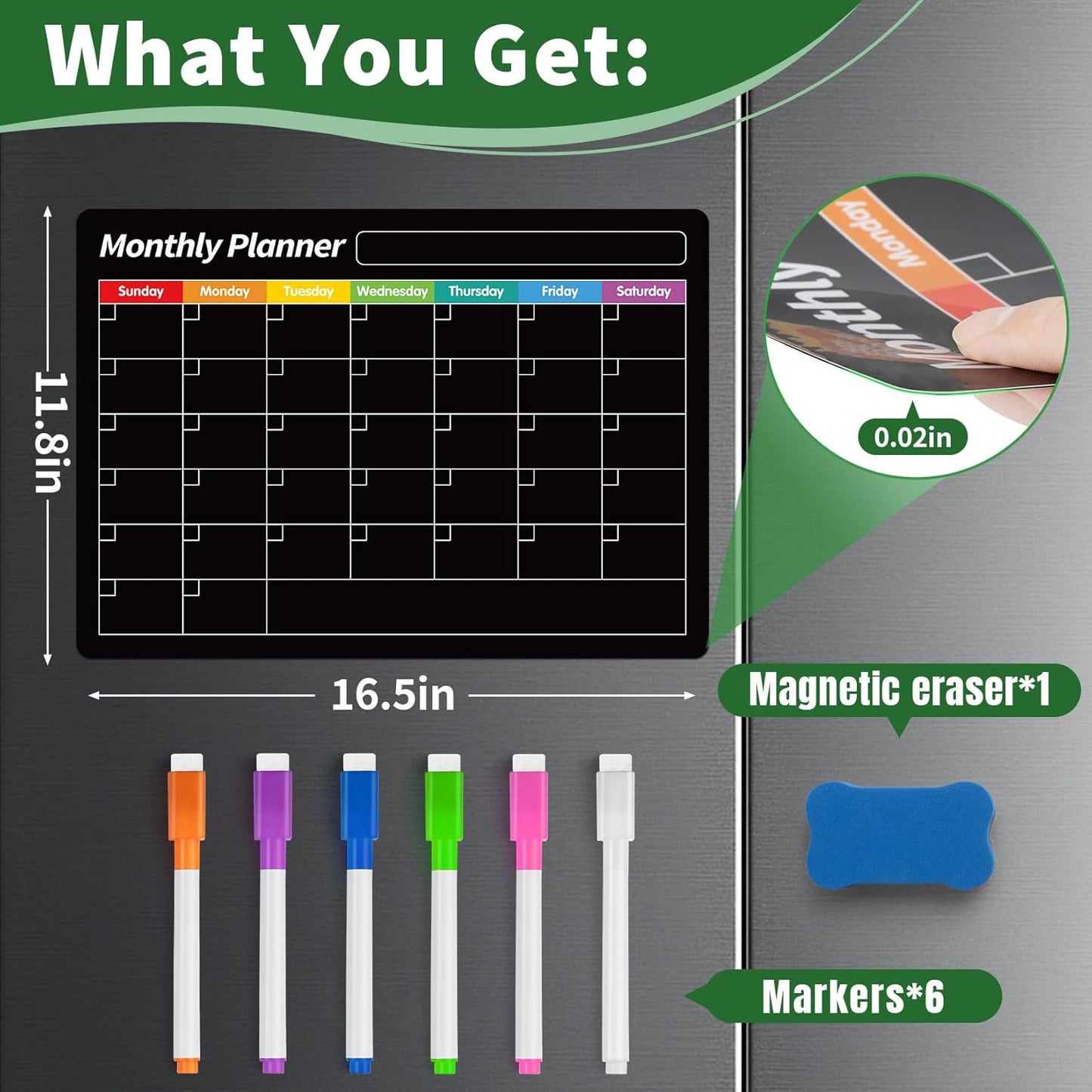 FINDMAG 4 Pack Magnetic Dry Erase Board Set, 16.5"x11.8" Magnetic Calendar for Refrigerator, Fridge Calendar Magnet, Black Weekly Planner Whiteboard for Fridge, Easy to Use with 8 Markers & Eraser
