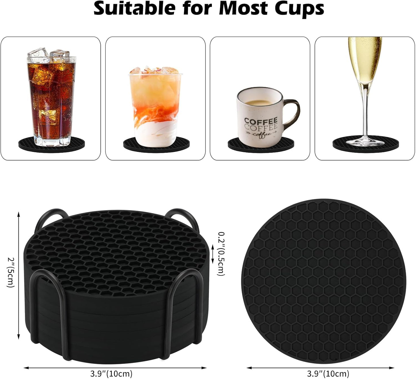 TWTLi Silicone Coasters Set of 8 with Holder,Coasters for Drinks,Beer,Coffee Coasters,Suitable for Kinds Cups,Hot or Cold,Anti-SLI,Non-Stick,Anti-Overflow Tabletop Protection and Decor (8 Pcs, Black)
