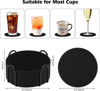TWTLi Silicone Coasters Set of 8 with Holder,Coasters for Drinks,Beer,Coffee Coasters,Suitable for Kinds Cups,Hot or Cold,Anti-SLI,Non-Stick,Anti-Overflow Tabletop Protection and Decor (8 Pcs, Black)