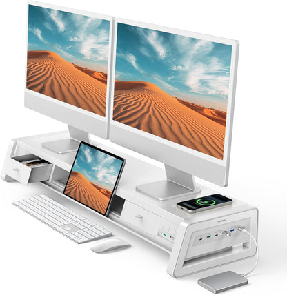 Vaydeer All-in-One Dual Monitor Stand Riser with 2 Drawers, 8USB Ports and Wireless Charging Pad with LED Light Strip for 2 Monitors , Desk Organizer for PC, iMac (Metal, 39.3 inches)