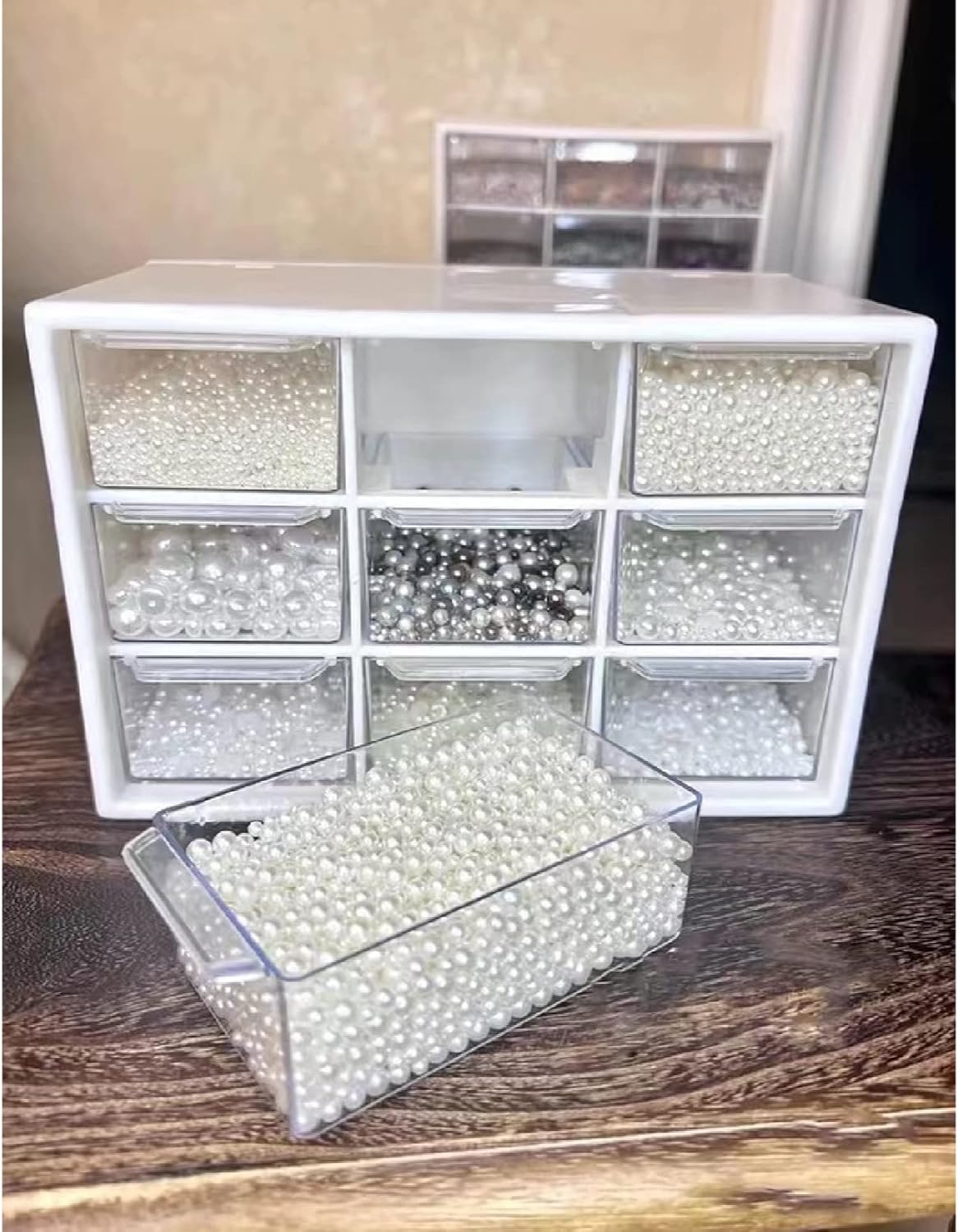 Feadily 2PCS Small Drawer Organizer for Desk, Desktop Drawer Organizer with 9 Clear Drawers, Plastic Desktop Storage Drawers 7.1 Inch x 3 .9 Inch x 4.7 Inch, White