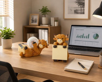 Highland Cow Pop-up Sticky Note Dispenser, Includes 1 Pad of 3x3 in Super Sticky Notes, 100 Sheets, Resin Cute Handmade Desk Holder for Office & Home-Beige