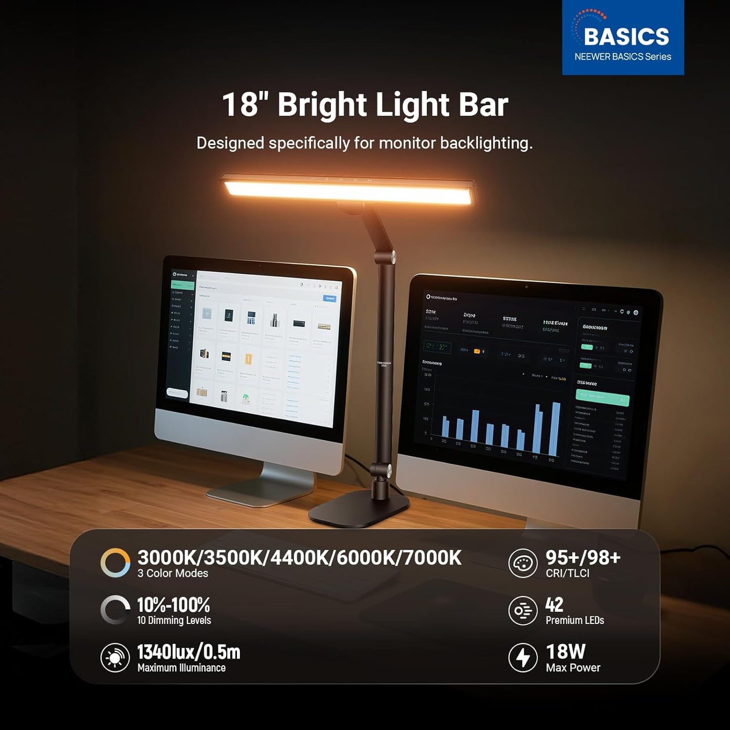 NEEWER Entry Level Version 32" LED Light with Clamp for Desk Home Office Dorm Designer Drafting, 20W Dual Computer Monitor Architect Lamp Bar, Flexible Overhead 2200lux/Remote/5 Modes CRI80+, N21