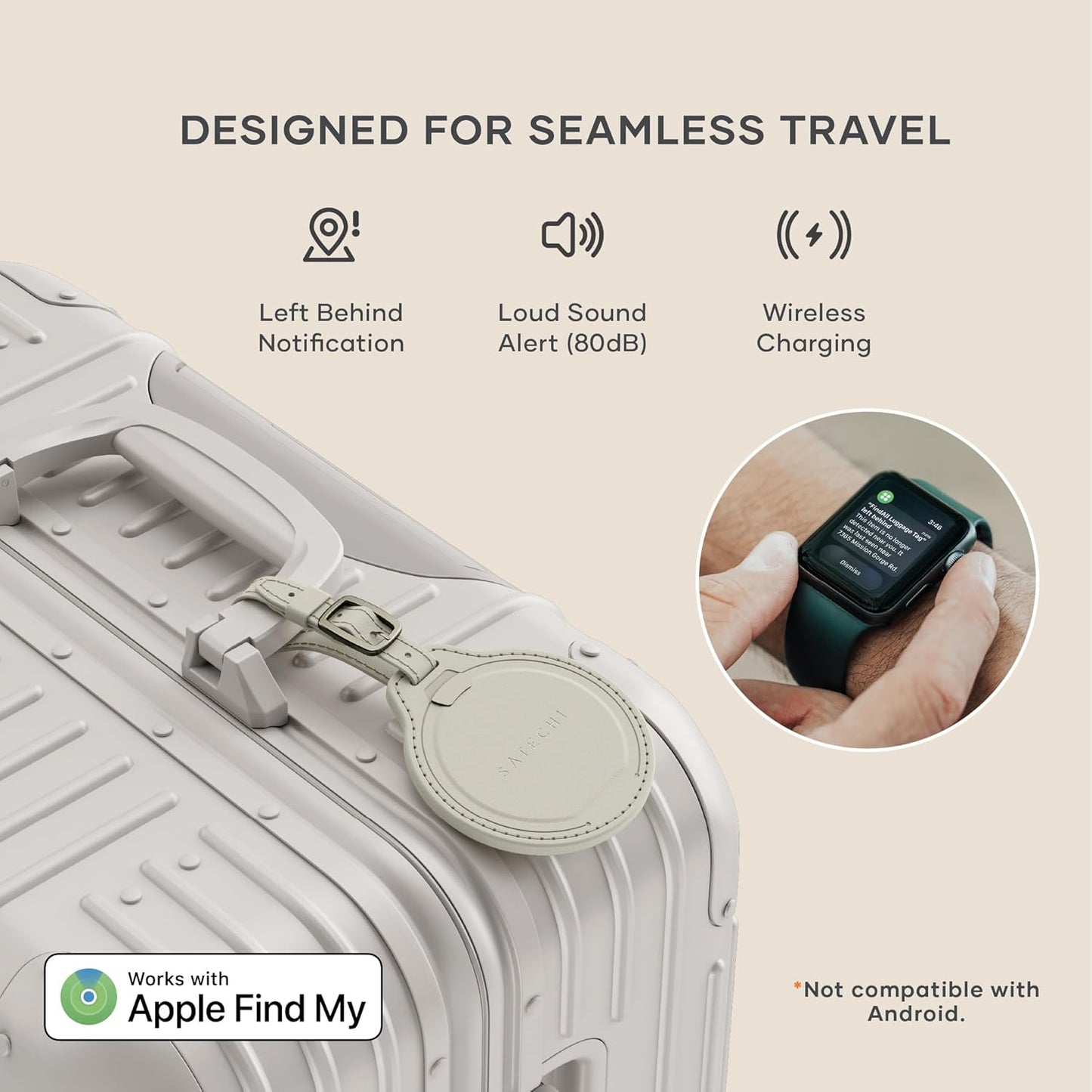 Satechi FindAll Smart Luggage Tag with Find My, TSA-Friendly, Airport Tracking, Left-Behind Alerts, Loud Audible Chime, Wireless Rechargeable, Works with iPhone, iPad, Mac – Desert Rose