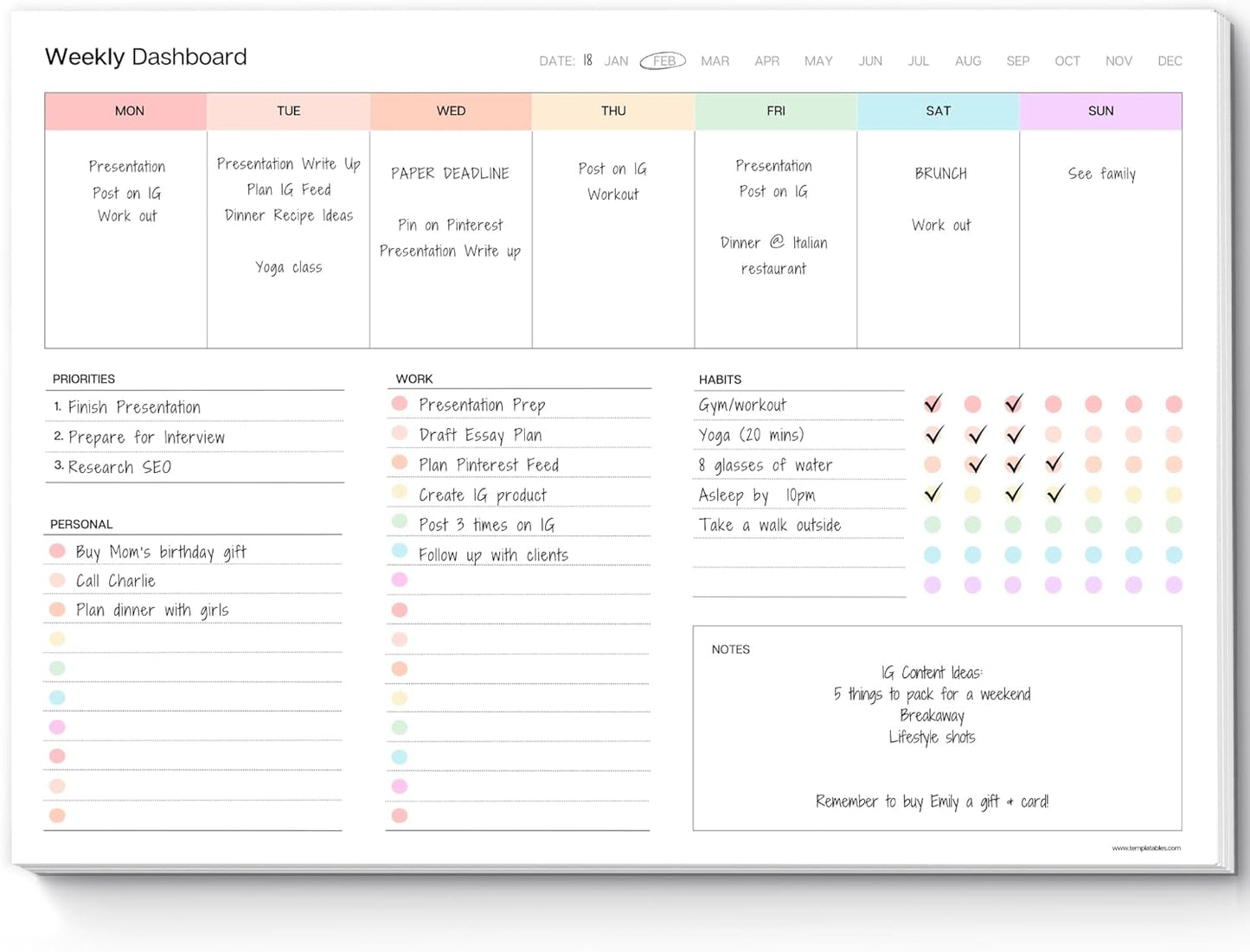 Weekly Dashboard To-Do List Notepad – Undated Weekly Planner with Habit Tracker & Notes – Minimalist A4 Layout for Productivity, Organization & Time Management (Mono)