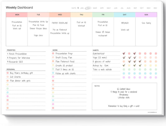 Weekly Dashboard To-Do List Notepad – Undated Weekly Planner with Habit Tracker & Notes – Minimalist A4 Layout for Productivity, Organization & Time Management (Mono)