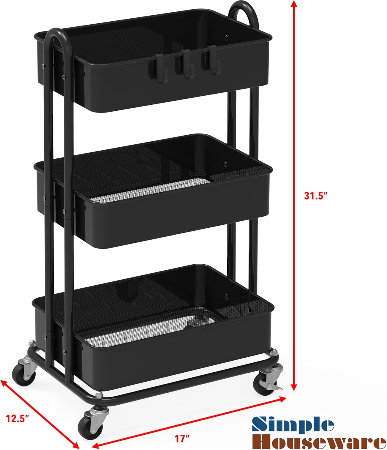 Simple Houseware 3-Tier Heavy Duty Metal Utility Rolling Cart, White