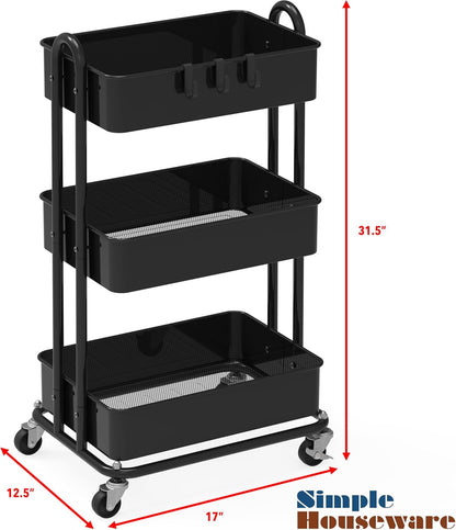 Simple Houseware 3-Tier Heavy Duty Metal Utility Rolling Cart, White