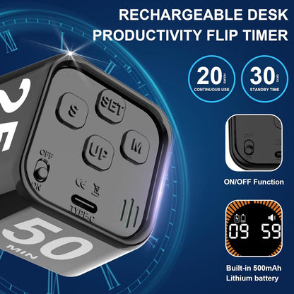 Rotating Cube Pomodoro Timer 5, 25, 10, 50 Min Preset + Custom Countdown, Desk Productivity Flip Visual Timer w/Silicone Case, Silent Mode, Ideal for ADHD Tool Study Work School (Black)