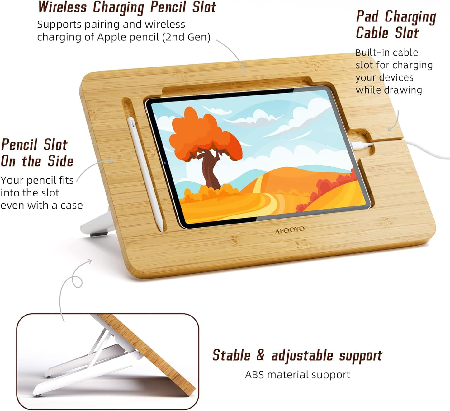 AFOOYO Bamboo Tablet Drawing Stand - Portable & Adjustable 5 Angles,Laptop Stands Riser, Book Reading Stand,Compatible with 9.7/10.2/10.5/10.9/11 inches