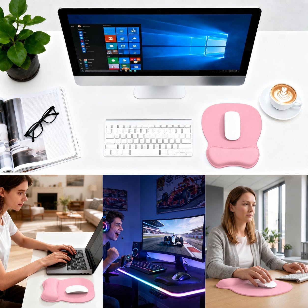 EooCoo Ergonomic Mouse Pad with Wrist Support, Mousepad with Memory Foam Wrist Rest and Non-Slip Base for Computer, Cafe, Home & Office, 9.64 x 8.26 in Office Desk Accessories